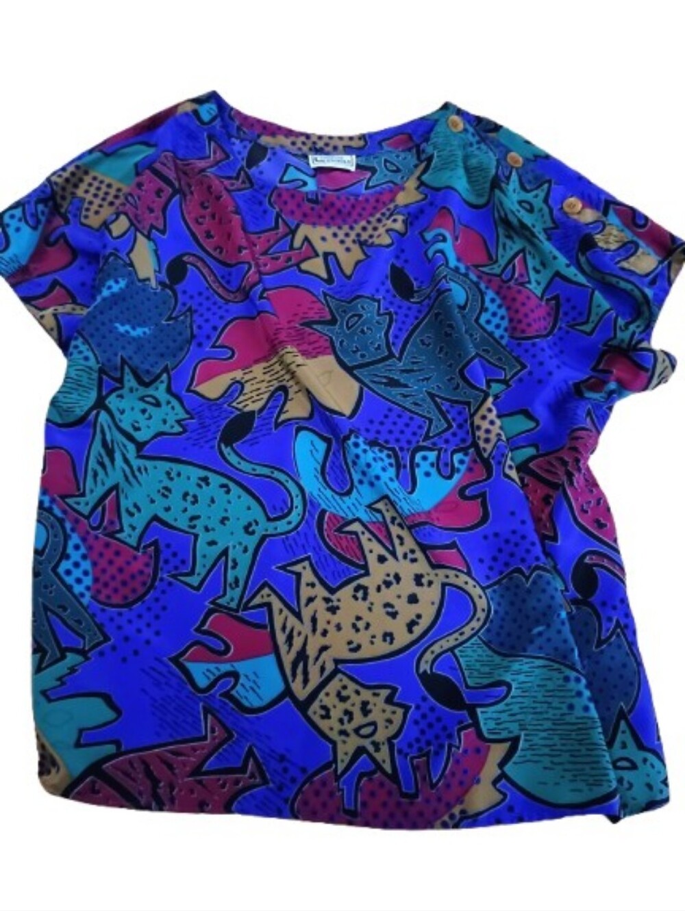 Vintage 1980s Campus Casuals of California Pop Cat Blouse | Memphis Style Retro